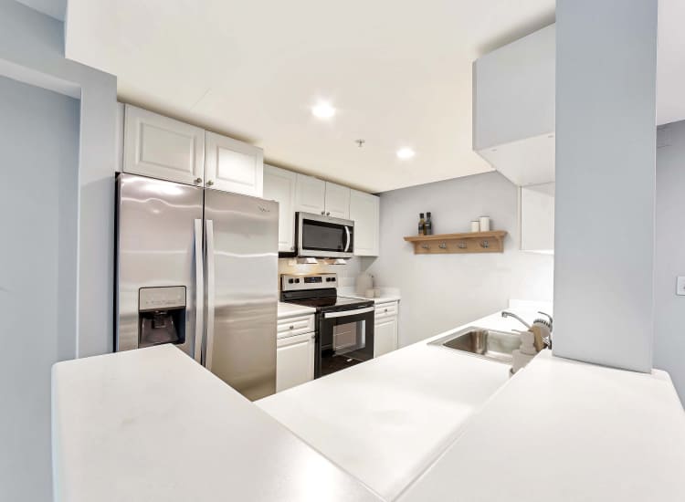 Fully equipped kitchen with granite countertops stainless steel appliances like a refrigerator, stove, and drawer microwave at The Metropolitan in Boston, Massachusetts