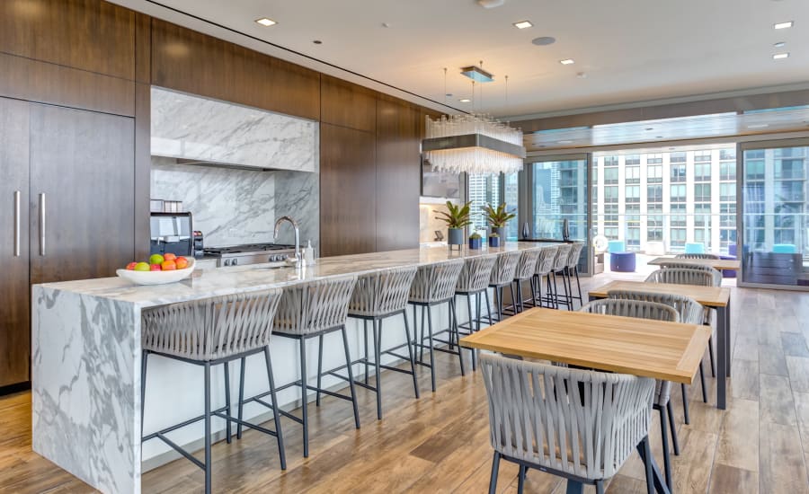 Community kitchen at Residences at 8 East Huron in Chicago, Illinois