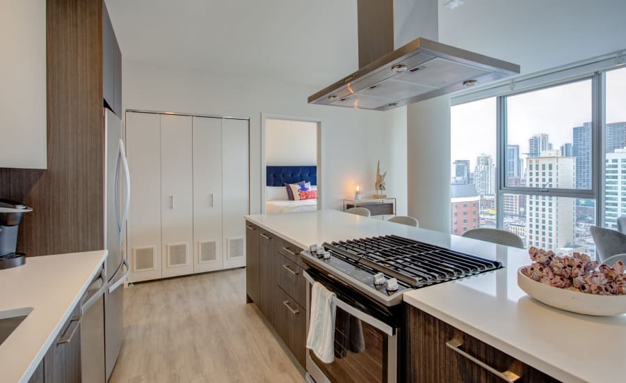 Sleek, modern kitchen at Residences at 8 East Huron in Chicago, Illinois
