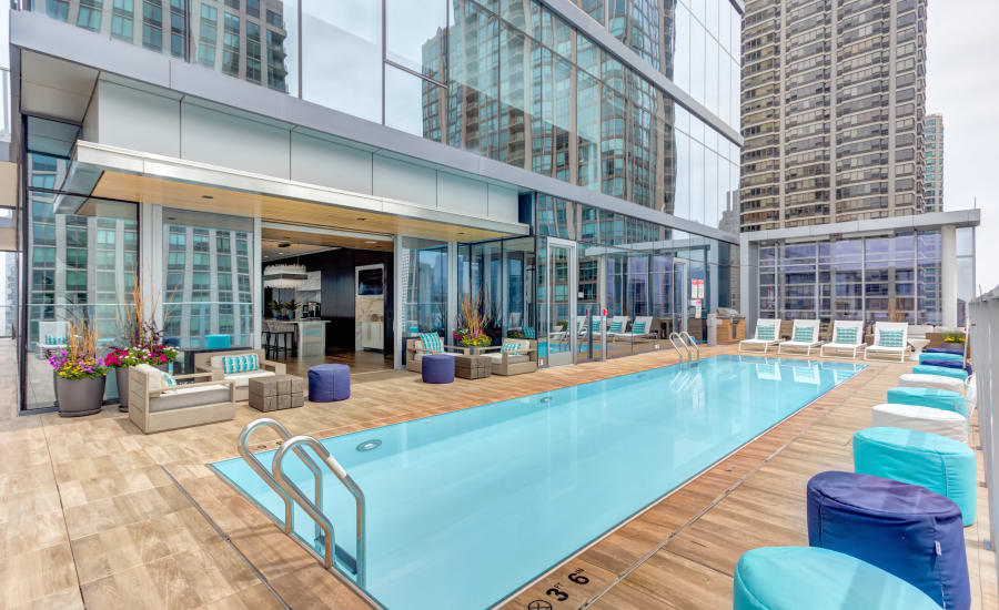 Sparkling resort-style swimming pool at Residences at 8 East Huron in Chicago, Illinois