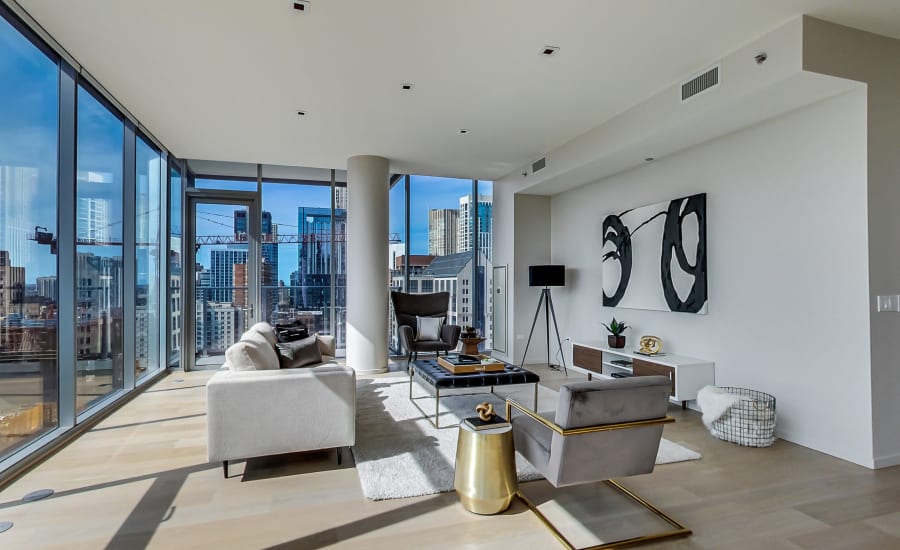 Bright living room at Residences at 8 East Huron in Chicago, Illinois