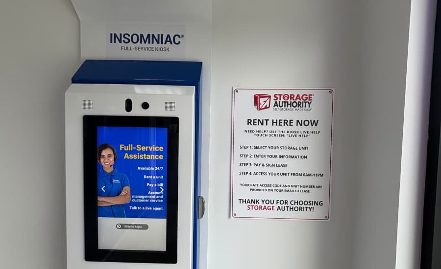 Self-service kiosk for rentals and payments at Storage Authority Carolina Road. 