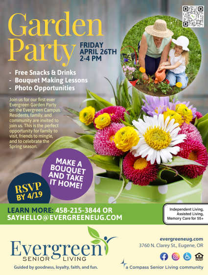 Garden Party flyer at Evergreen Memory Care in Eugene, Oregon.