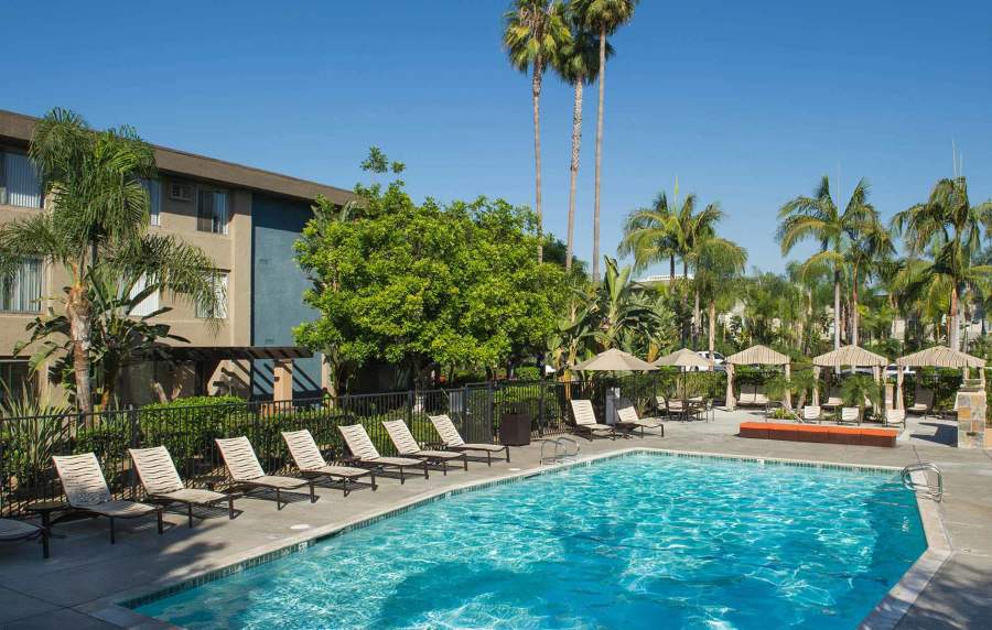 Community swimming pool at UCA Apartment Homes in Fullerton,California