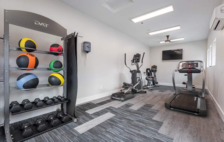 Modern fitness equipment at La Vina Apartments in Livermore, California
