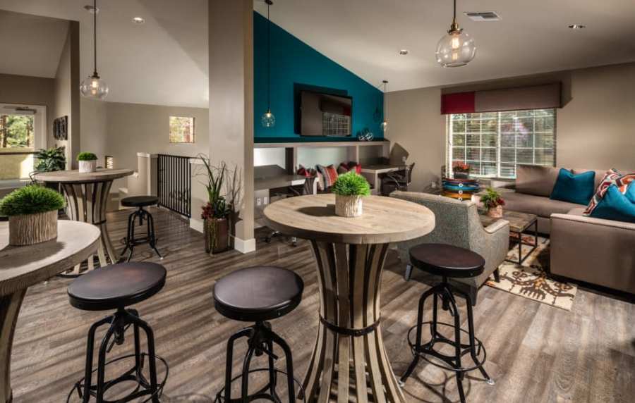 Spacious clubhouse with wood-style flooring at The Bluffs in Rancho Cucamonga, California,