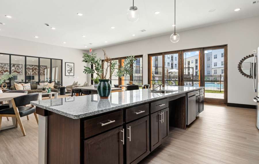 Clubhouse with kitchen countertop at Walnut Springs in Seguin, Texas