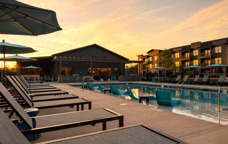 Expansive sundeck at resort-style pool at Cypress Point in Mooresville, North Carolina.