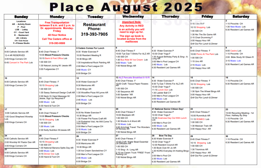 Independent Living Calendar calendar from The Keystones of Cedar Rapids in Cedar Rapids, Iowa 