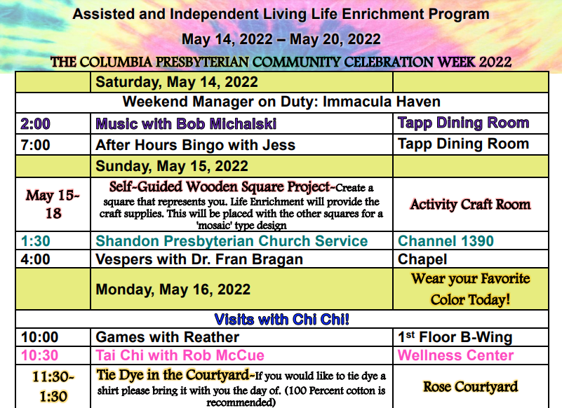Sample activity calendar at The Columbia Presbyterian Community