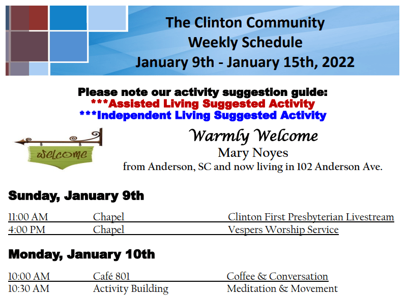 Sample activity calendar at The Clinton Presbyterian Community