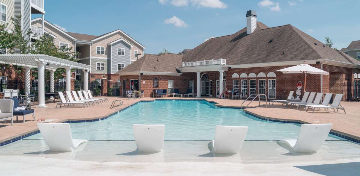 Sun loungers in sparkling pool at Meridian Parkside, Newport News, Virginia