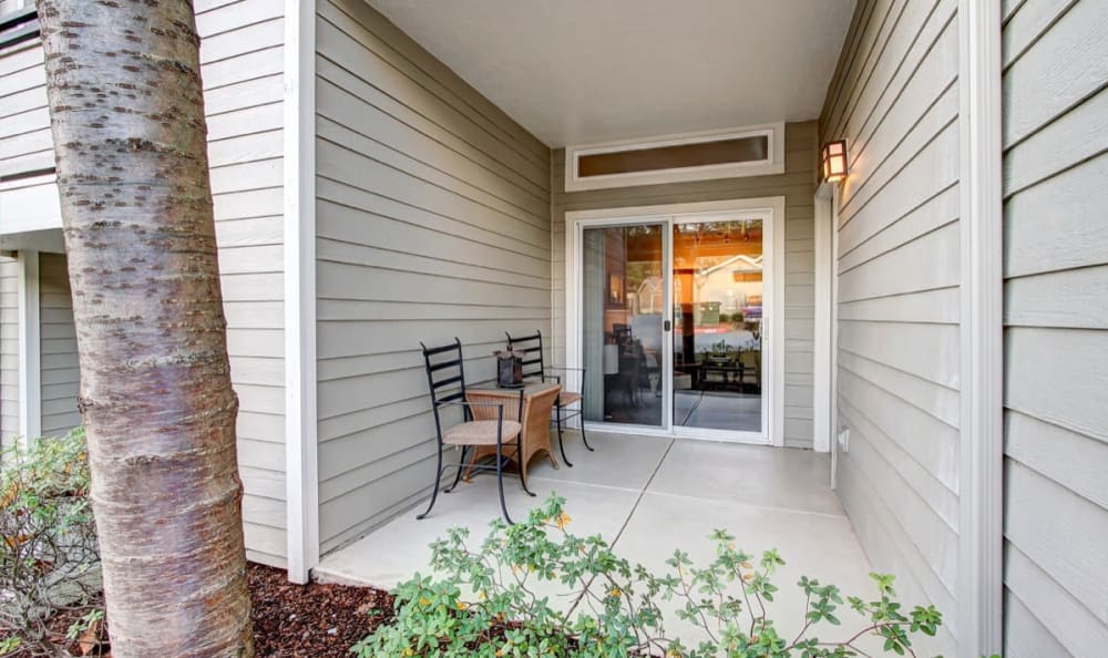 Private covered patio outside a model home at Columbia Trails in Gresham, Oregon