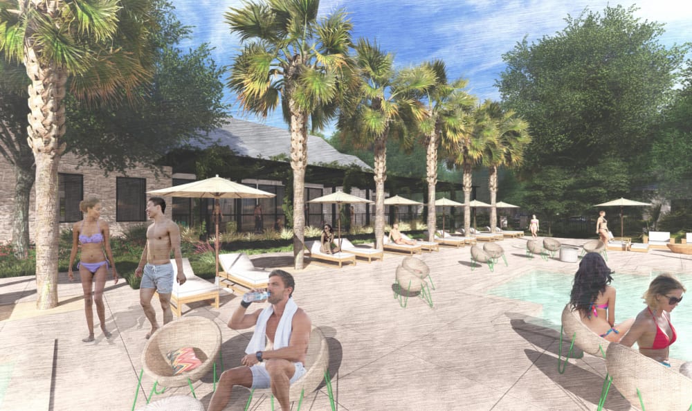 Poolside rendering at Riata Austin in Austin, Texas