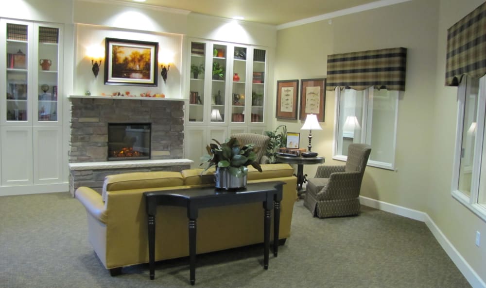 Fireplace lounge at Edgemont Place in Blaine, Minnesota