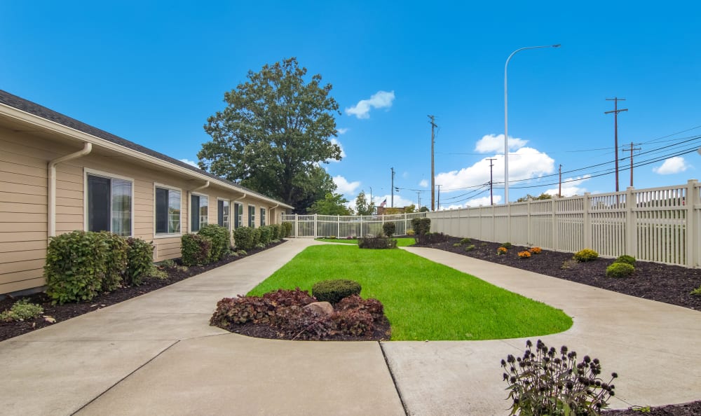Outdoor Courtyard in a senior apartment at Greenfield Estates in Akron, Ohio