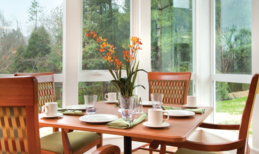 Dining table set for four at Concord Place Memory Care in Knoxville in Knoxville, Tennessee