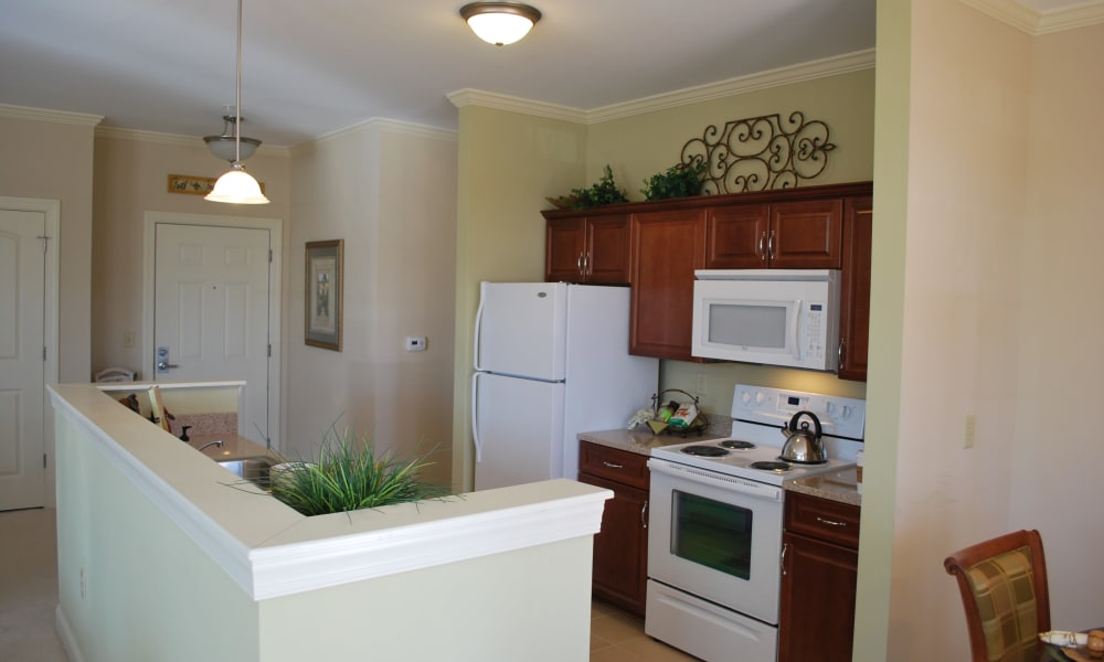 Apartment living room and kitchen at Waltonwood Cary Parkway