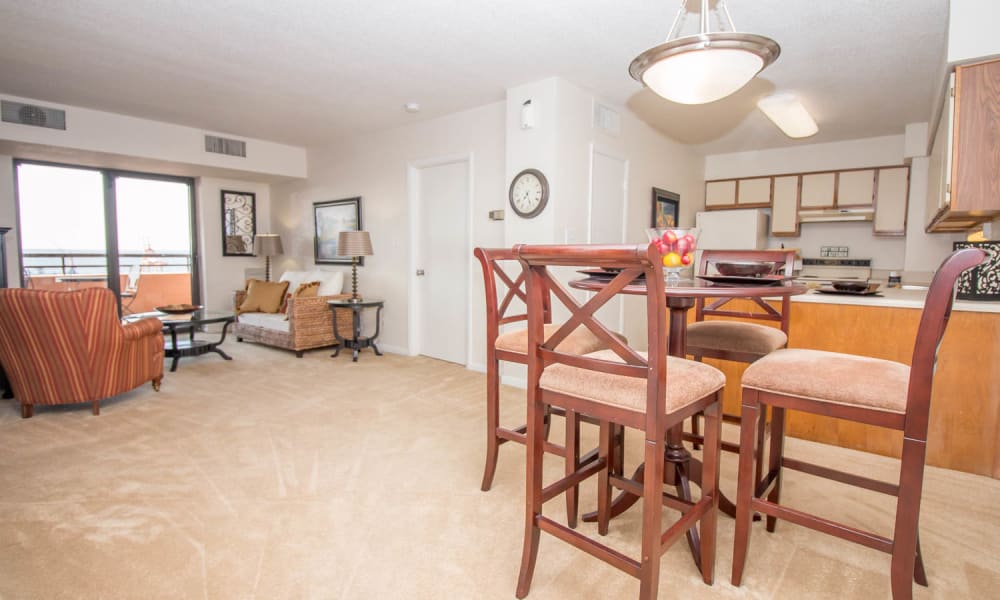 Dining area amid living room at River Park Tower Apartment Homes in Newport News, Virginia