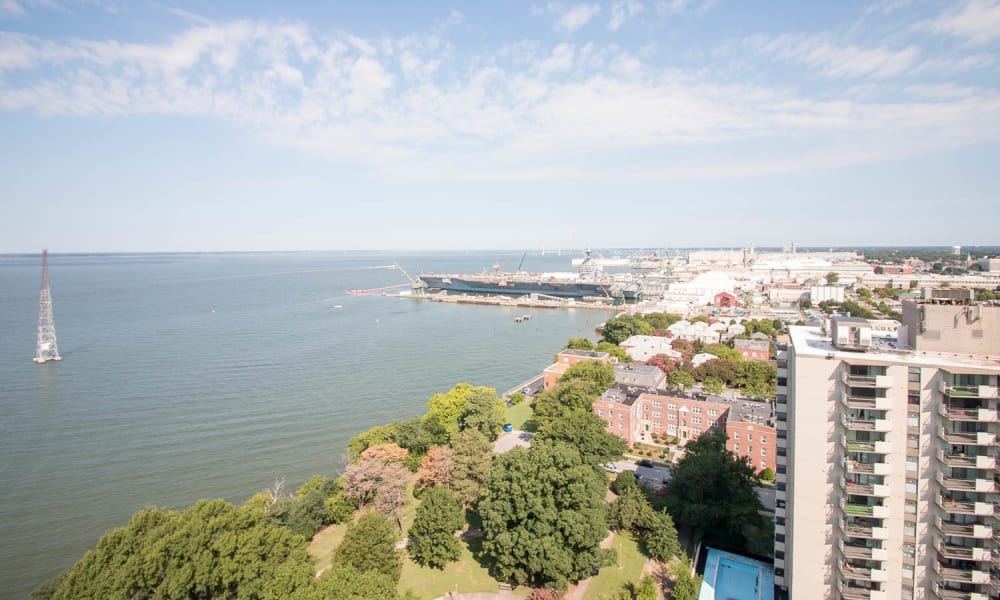 Aerial view of the ocean at River Park Tower Apartment Homes in Newport News, Virginia