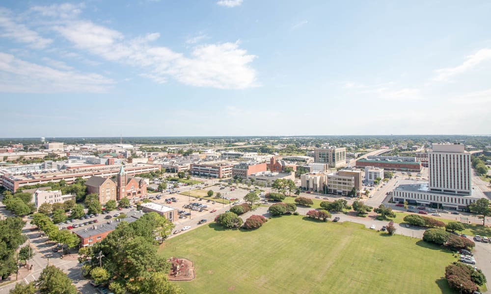 Aerial view of the surrounding landscape from River Park Tower Apartment Homes in Newport News, Virginia