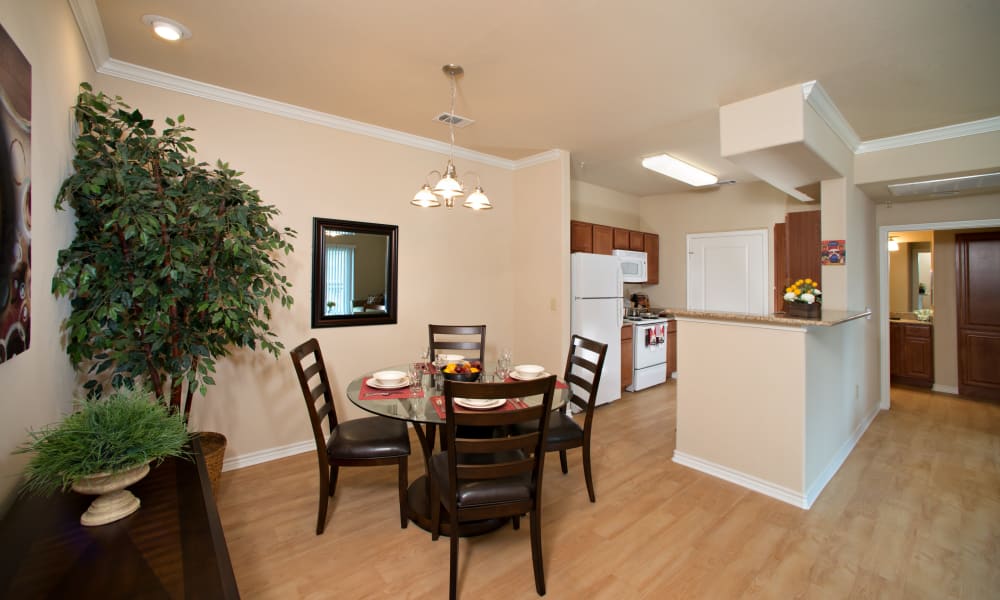 Plank flooring in a spacious kitchen at Villas in Westover Hills in San Antonio, Texas