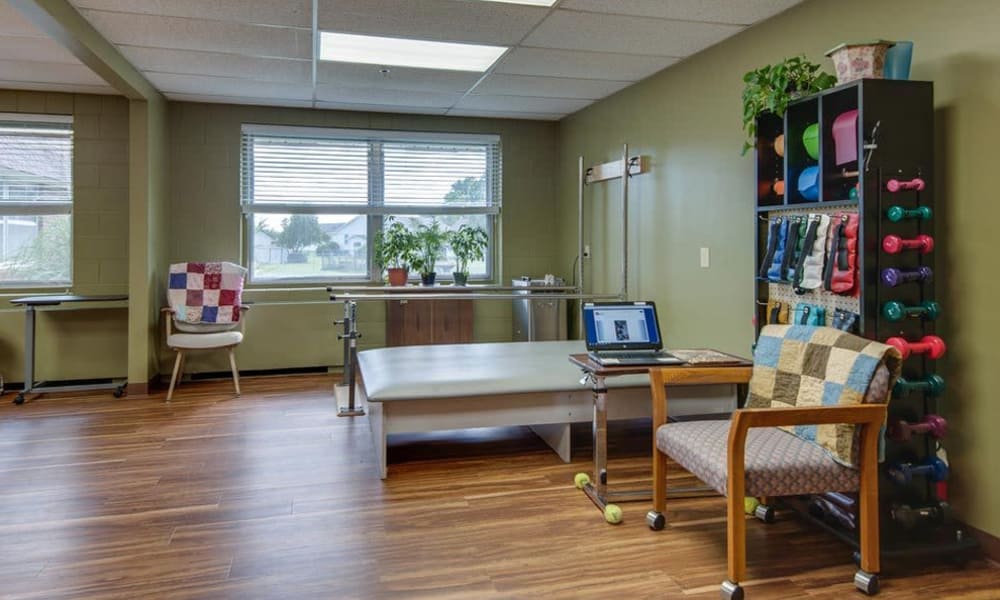 The exercising and rehabilitation room at Hilltop Manor in Cunningham, Kansas