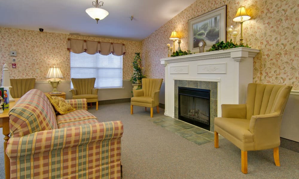 Fireside seating in the lounge at Cypress Point in Dexter, Missouri