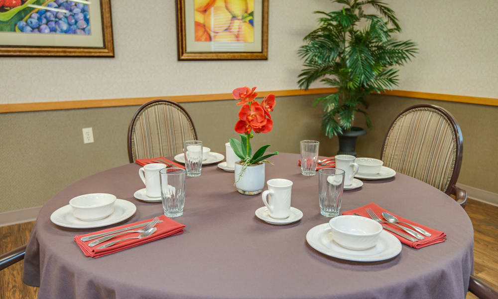Well decorated dining room table at Chaffee Nursing Center in Chaffee, Missouri