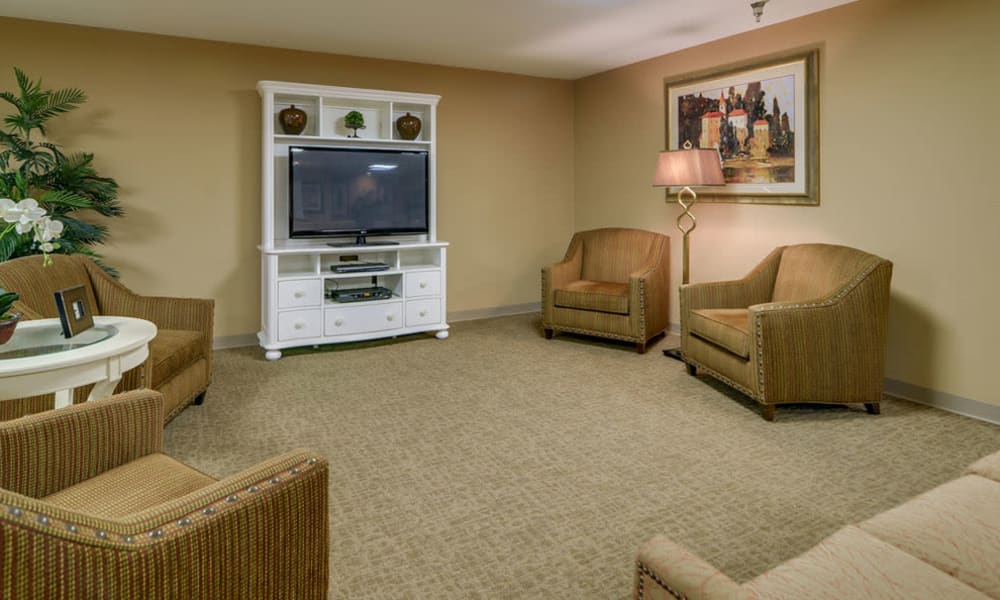 Entertainment room with comfortable seating at Ashbrook in Farmington, Missouri
