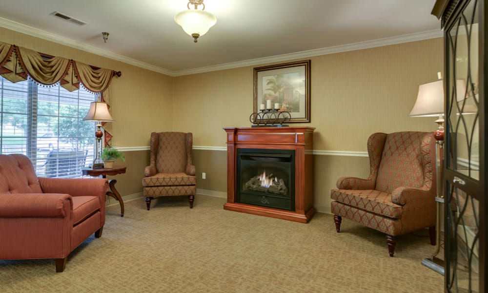 Fireside seating at Ashbrook in Farmington, Missouri