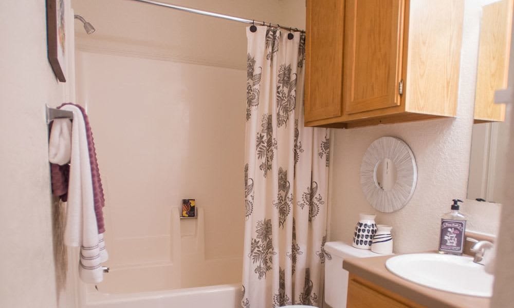 An apartment bathroom at Tammaron Village Apartments in Oklahoma City, OK