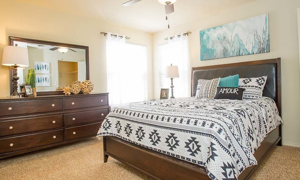 An apartment bedroom at Tuscany Hills in Tulsa, Oklahoma