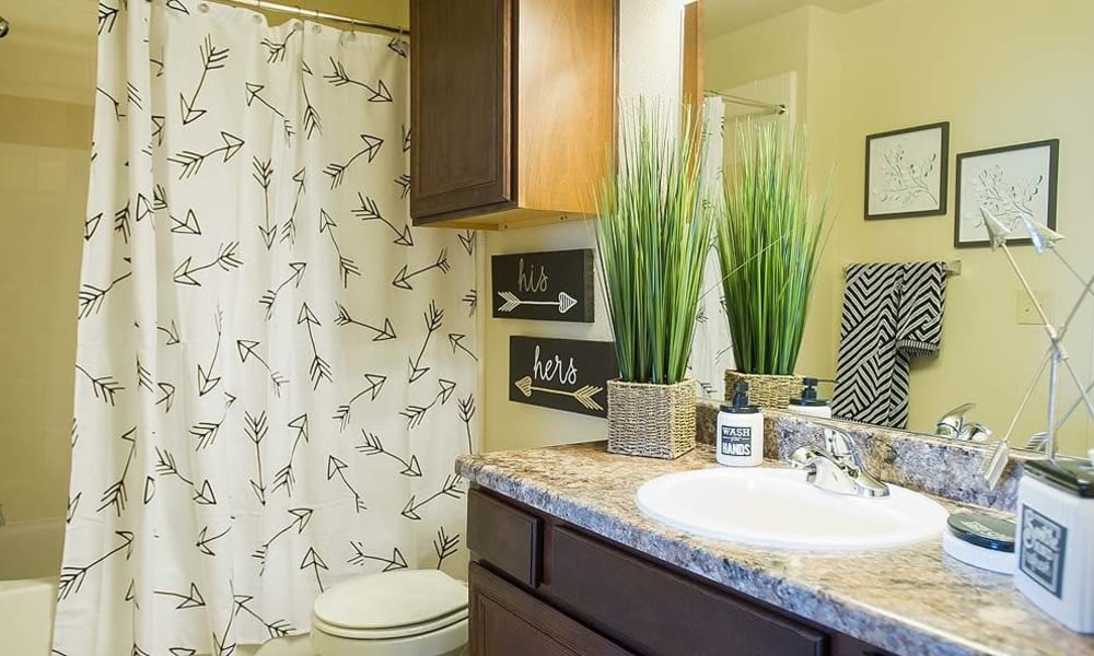 An apartment bathroom at Tuscany Hills in Tulsa, Oklahoma