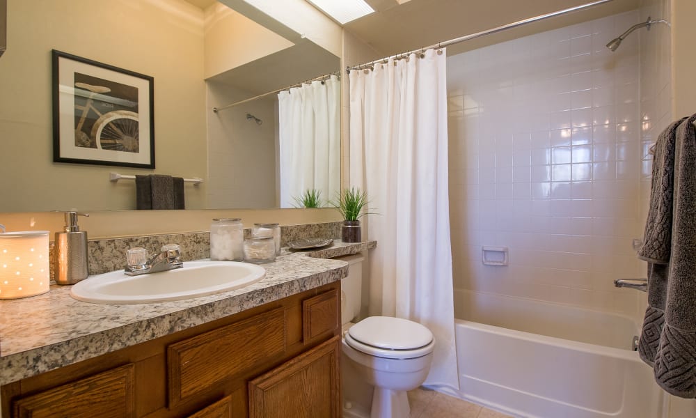 An apartment bathroom at The Courtyards in Tulsa, OK