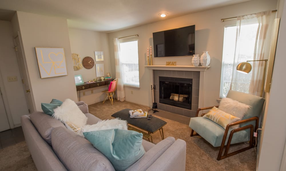 Bright living room at Crown Chase Apartments in Wichita, Kansas