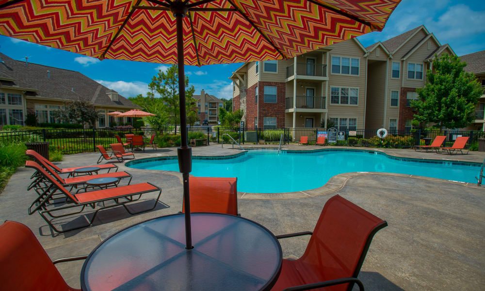 The community pool at Nickel Creek Apartments in Tulsa, Oklahoma