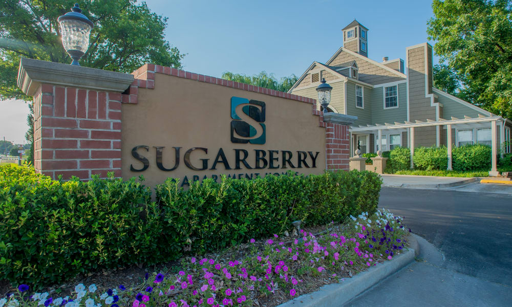 Entrance sign to Sugarberry Apartments in Tulsa, Oklahoma