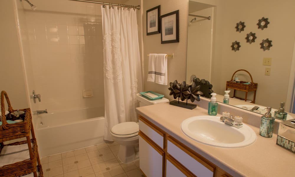 An apartment bathroom at Crown Pointe Apartments in Oklahoma City, Oklahoma
