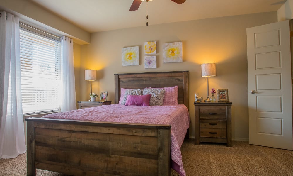 An apartment bedroom at Icon at Broken Arrow in Broken Arrow, Oklahoma