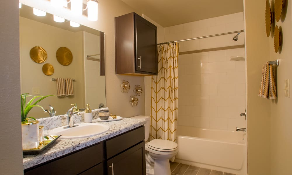 A cozy bathroom at Icon at Broken Arrow in Broken Arrow, Oklahoma