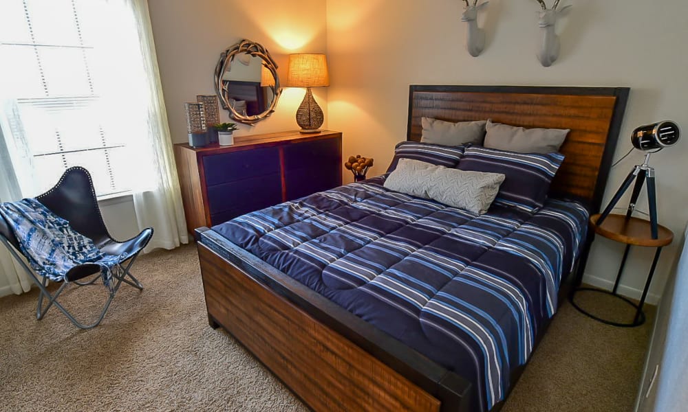 An apartment bedroom at Waters Edge in Oklahoma City, OK