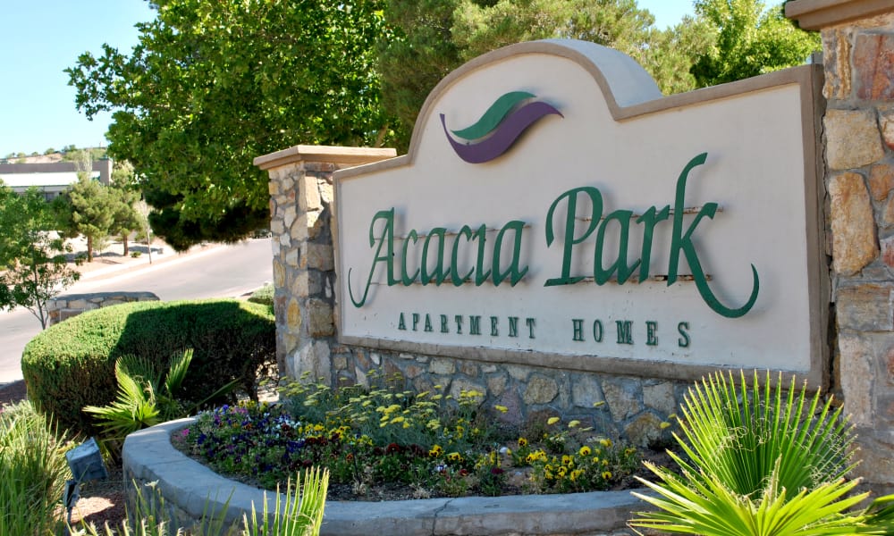 The sign in front of Acacia Park Apartments in El Paso, Texas
