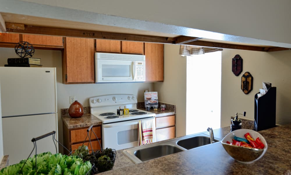 An apartment kitchen at Mountain Village in El Paso, Texas