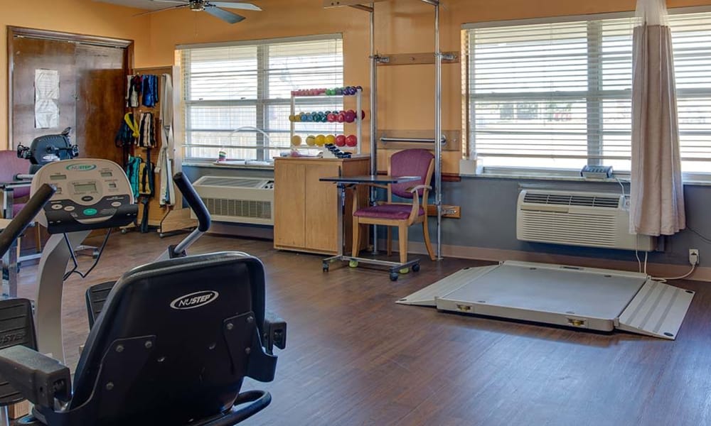 Physical therapy gym at Wheatland Nursing Center in Russell, Kansas