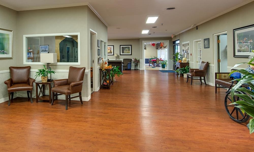 The hallway leading to resident's rooms at Southbrook in Farmington, Missouri