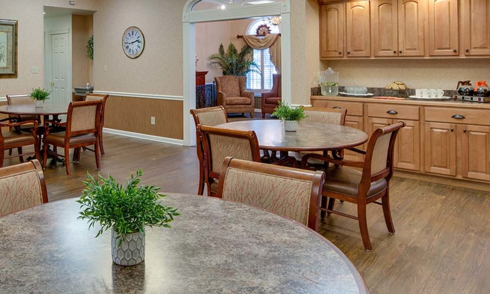 Community kitchen with accessible counters at Parkwood Meadows Senior Living in Sainte Genevieve, Missouri