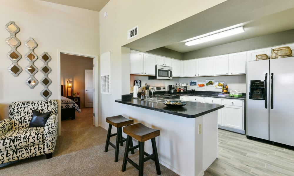 Kitchen with sleek, stainless-steel appliances at Cottages at Abbey Glen Apartments in Lubbock, Texas