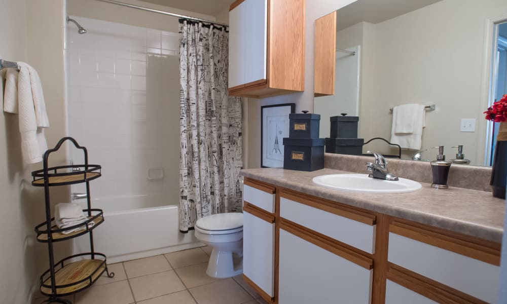 An apartment bathroom at Villas at Stonebridge in Edmond, Oklahoma