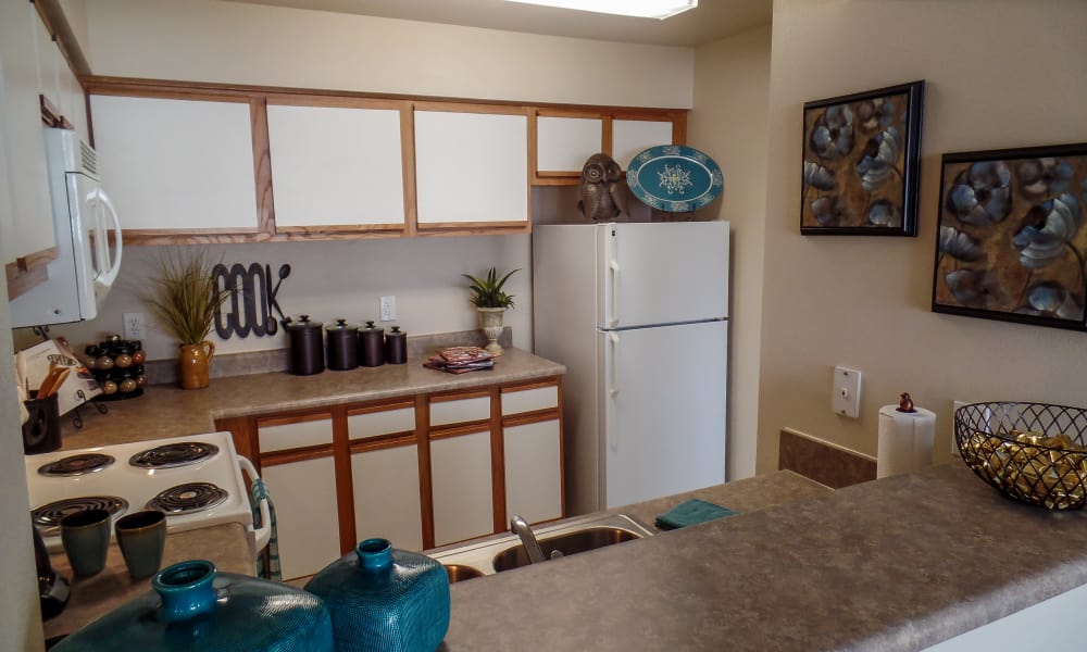 An apartment kitchen at Winchester Apartments in Amarillo, Texas